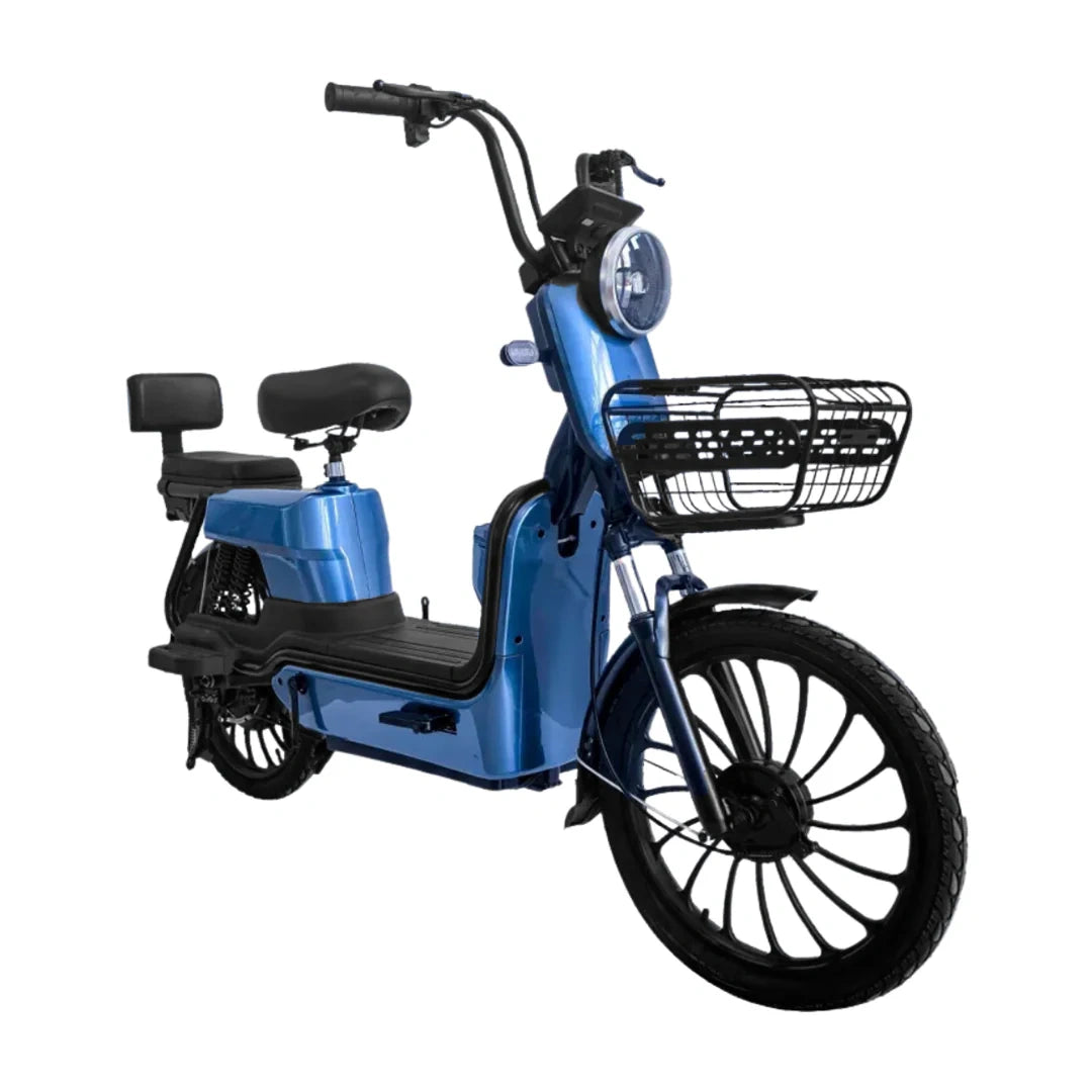 Blue electric bike with a black basket on a white background