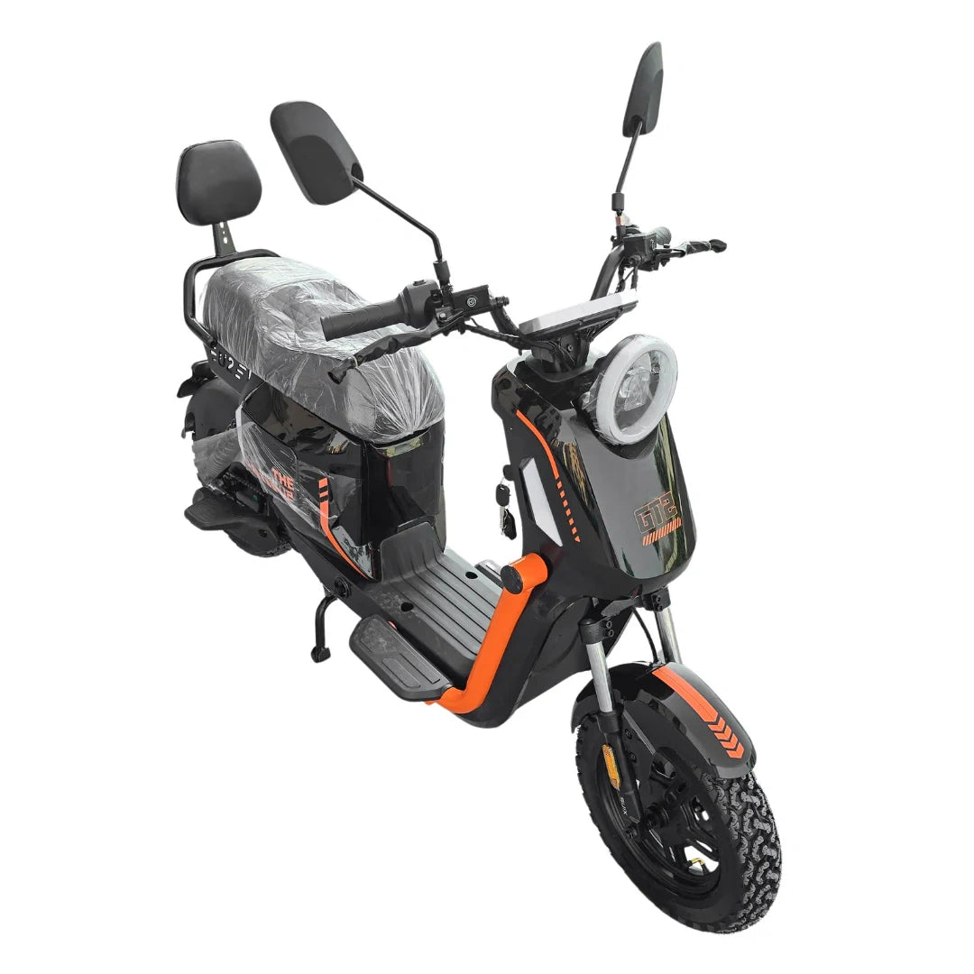 Black and orange electric scooter on a white background