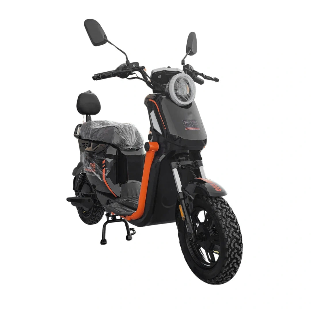 Black and orange electric scooter on a white background