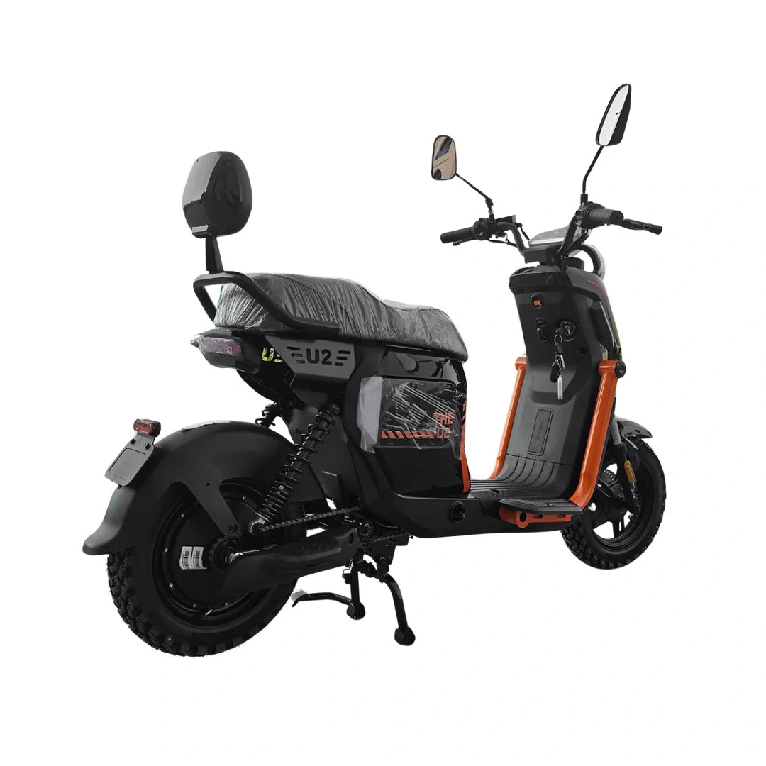 Black electric scooter with orange accents on a white background
