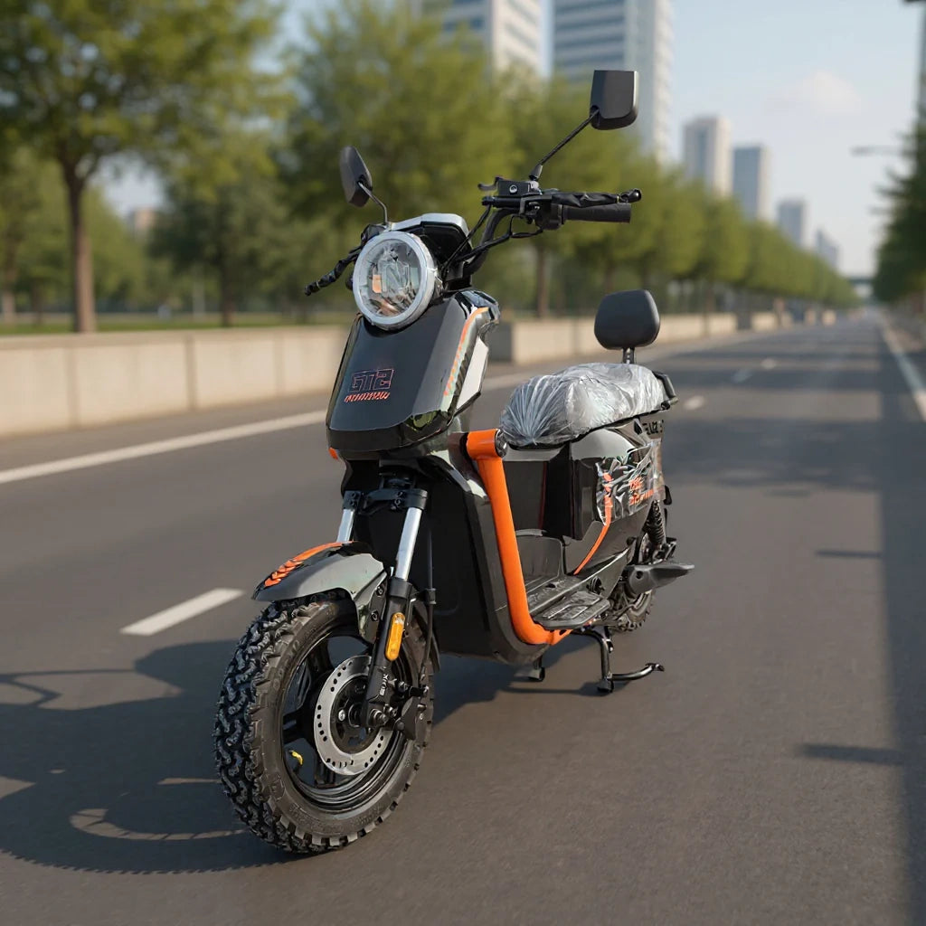 Motor scooter on a road with a cityscape in the background