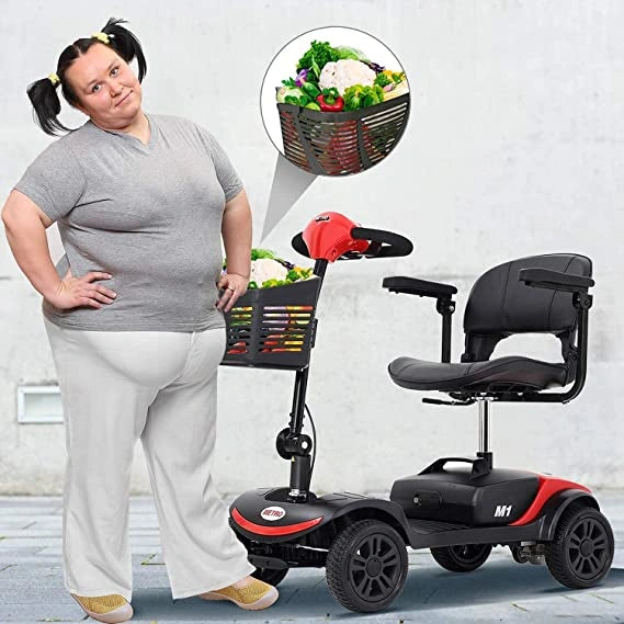 Woman standing next to a mobility scooter with a basket full of groceries.
