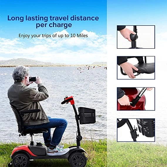 Person using a mobility scooter by a lake with text about travel distance.