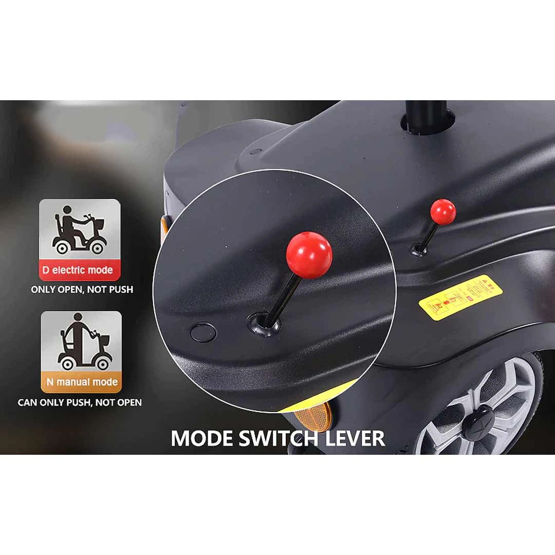 Mode switch lever on a scooter with mode icons indicating electric and manual modes.