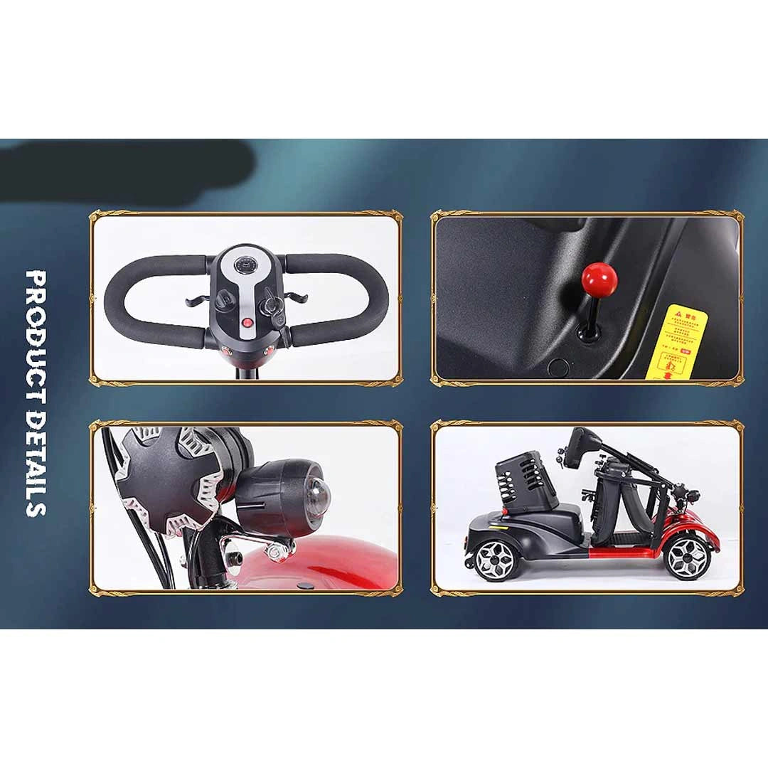 Product details of a scooter with close-up images of handlebar, seat, and scooter model.