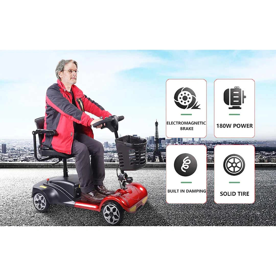 Man riding a mobility scooter with features highlighted on a cityscape background