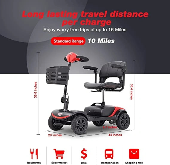 Mobility scooter with dimensions and travel distance information on a dark background