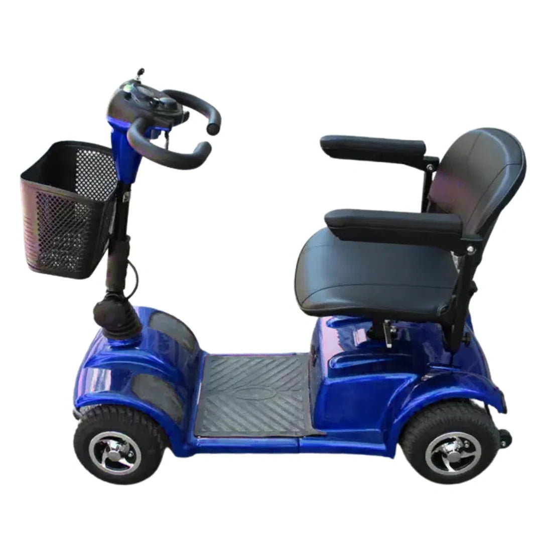 Blue mobility scooter with basket on a white background