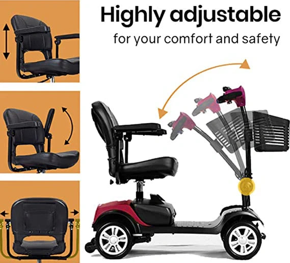 Mobility scooter with adjustable seat and features highlighted on an orange background