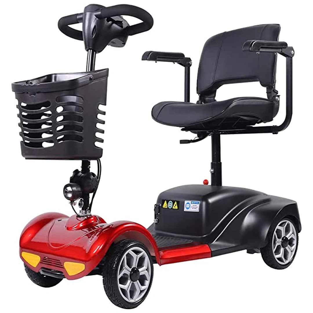 Red and black mobility scooter with a basket and seat on a white background