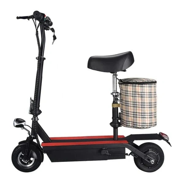 Black electric scooter with a seat and basket on a white background