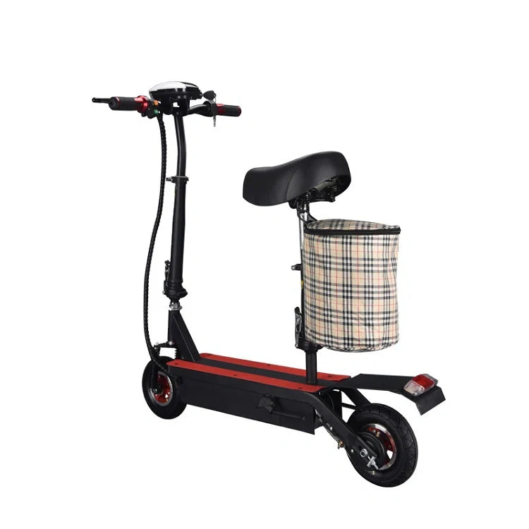 Black electric scooter with a seat and plaid-patterned basket on a white background