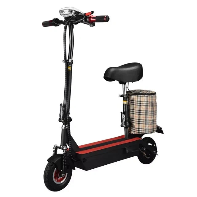 Black electric scooter with a seat and basket on a white background