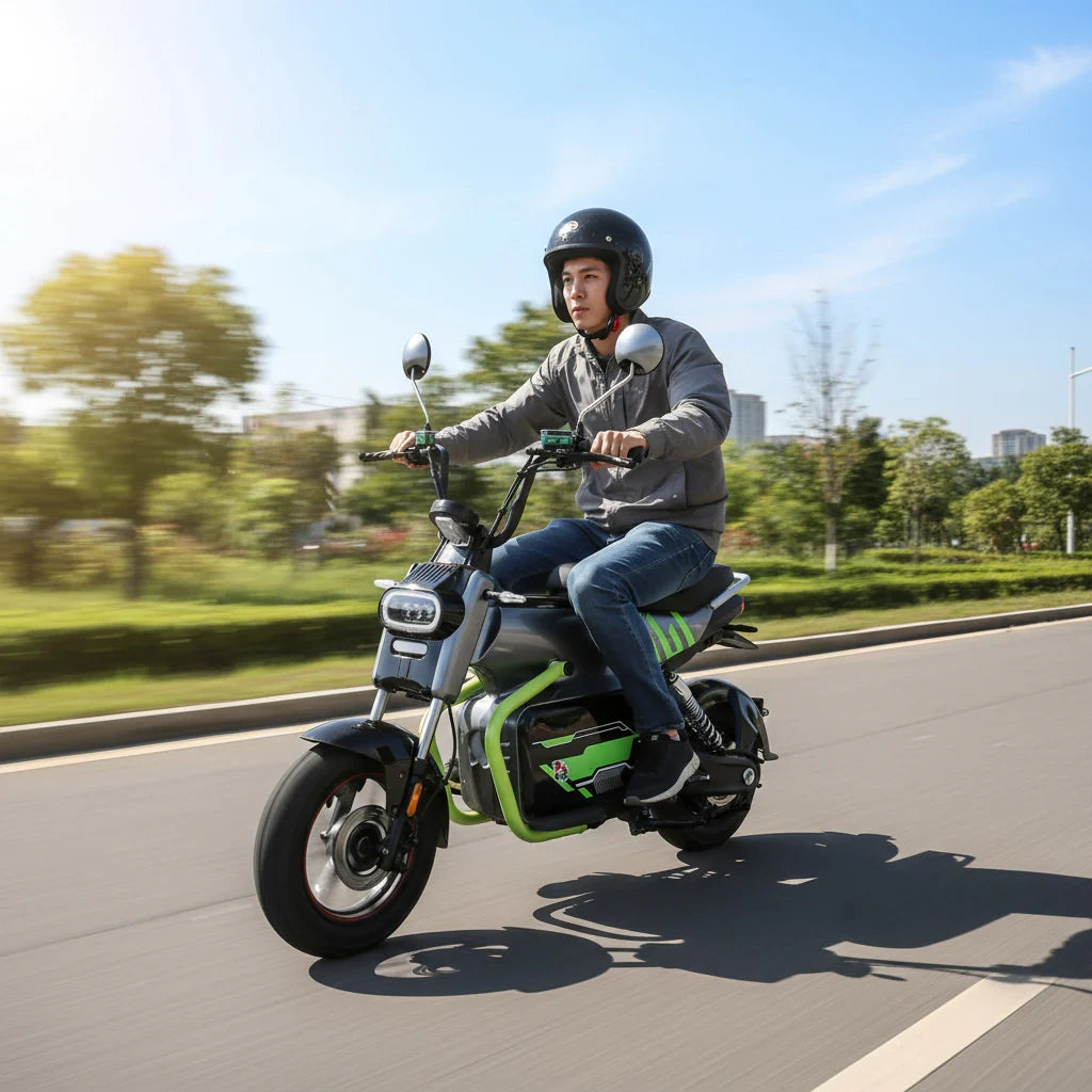 Person riding a green electric scooter on a road with trees and buildings in the background