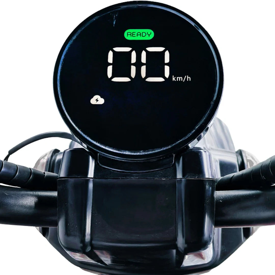 Close-up of a motorcycle speedometer with 'READY' and '0.0 km/h' display.