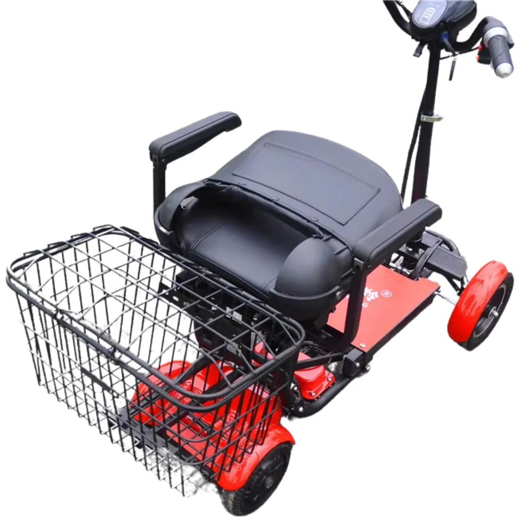 Red mobility scooter with black seat and basket on a white background