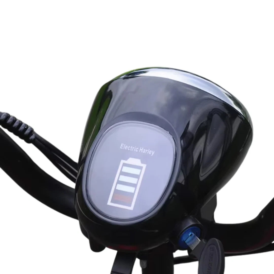 Close-up of a motorcycle handlebar with an electric bike display on a white background