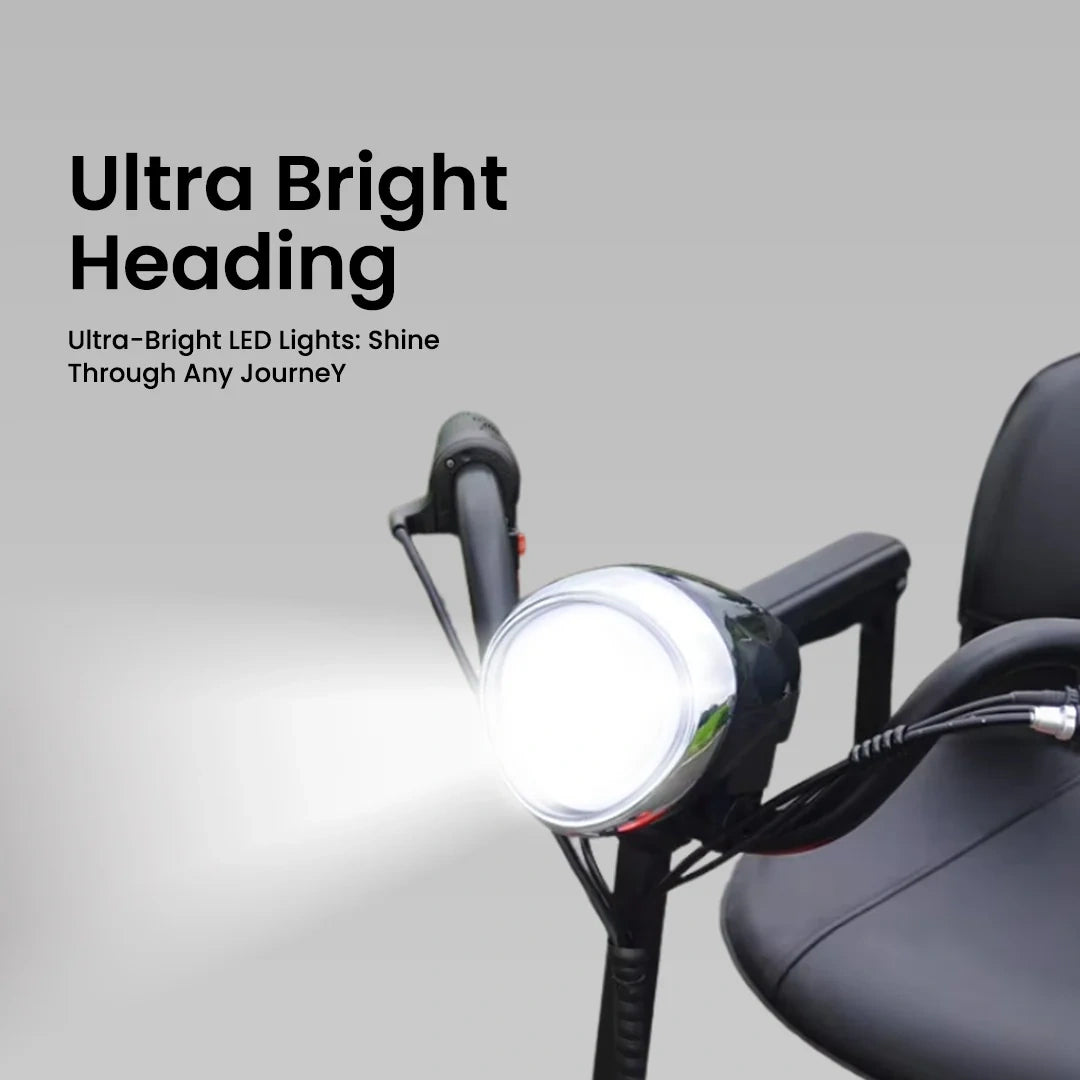 Motorcycle headlight with text 'Ultra Bright Heading' on a gray background