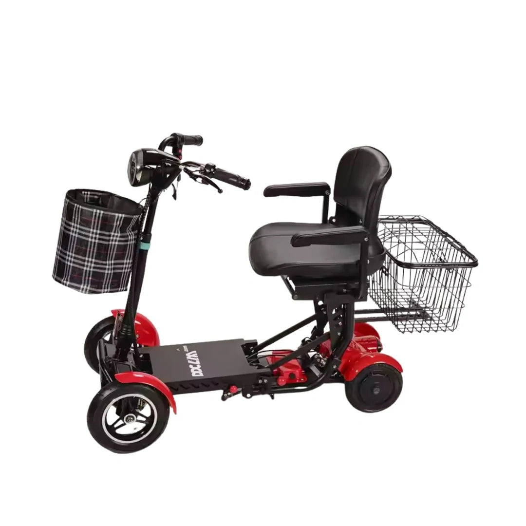 Black and red three-wheeled mobility scooter with baskets on a white background