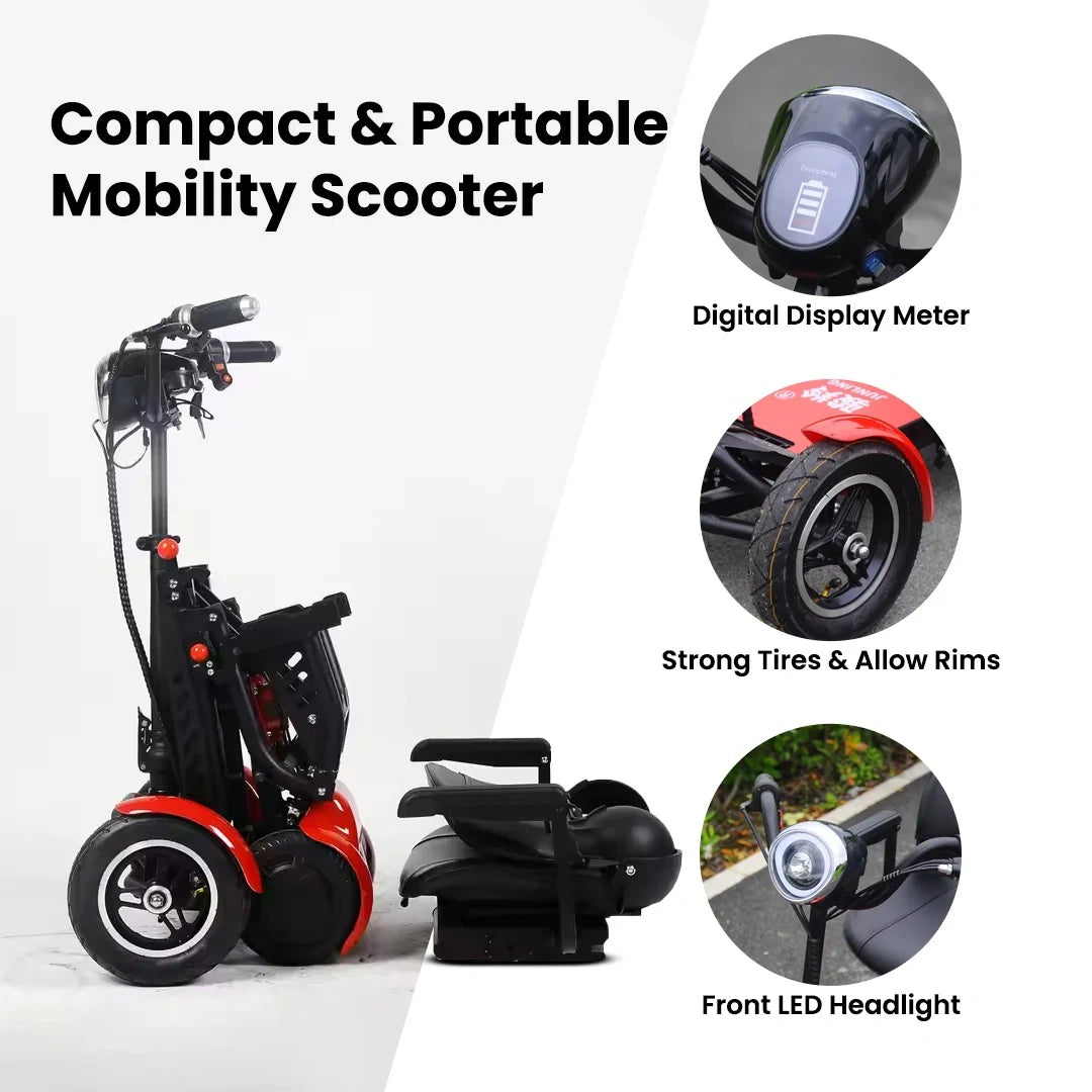 Compact and portable mobility scooter with features highlighted on a white background