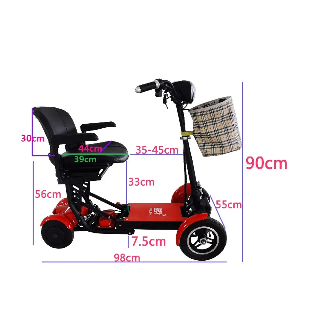 Red mobility scooter with dimensions marked on a white background