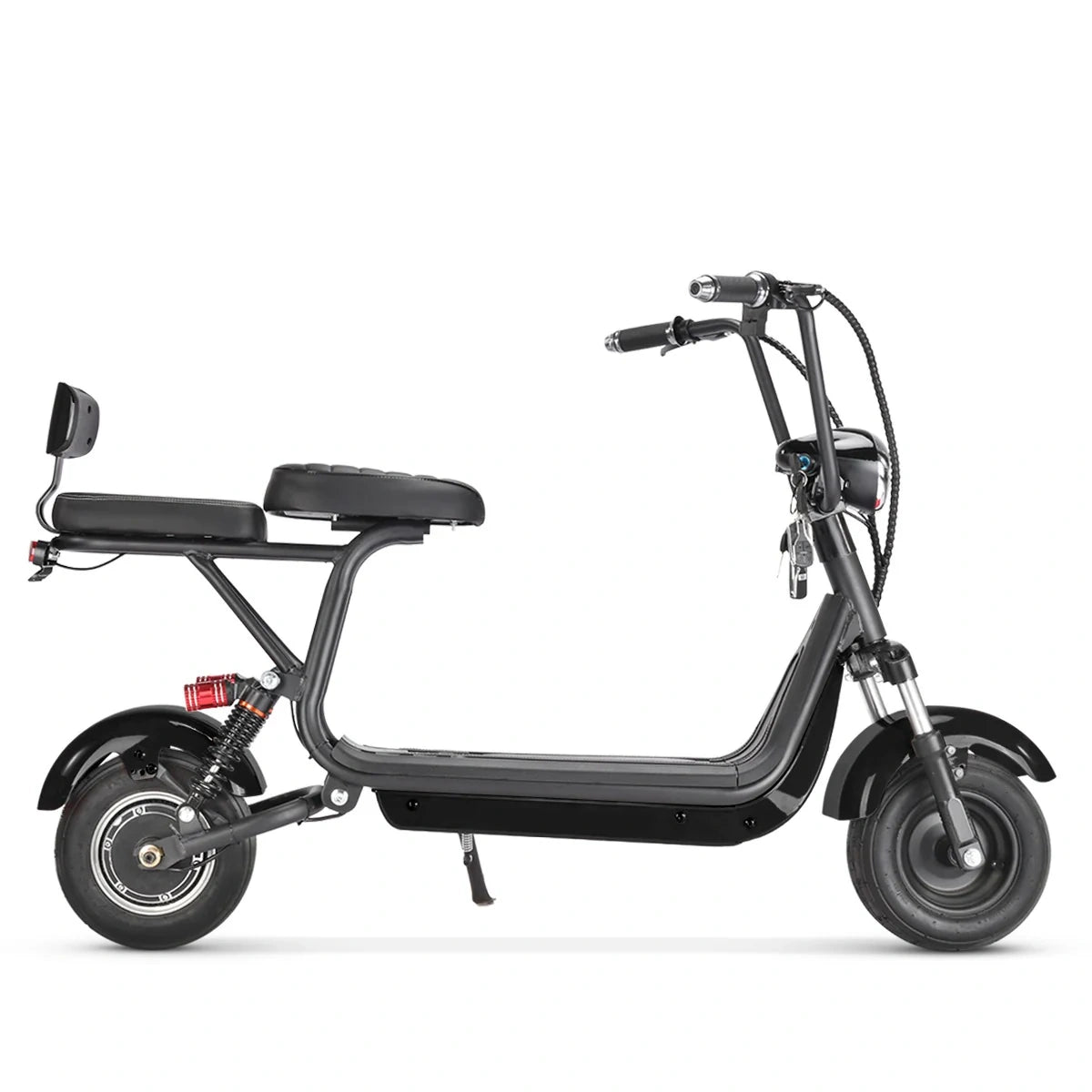 Black electric scooter with a seat on a white background