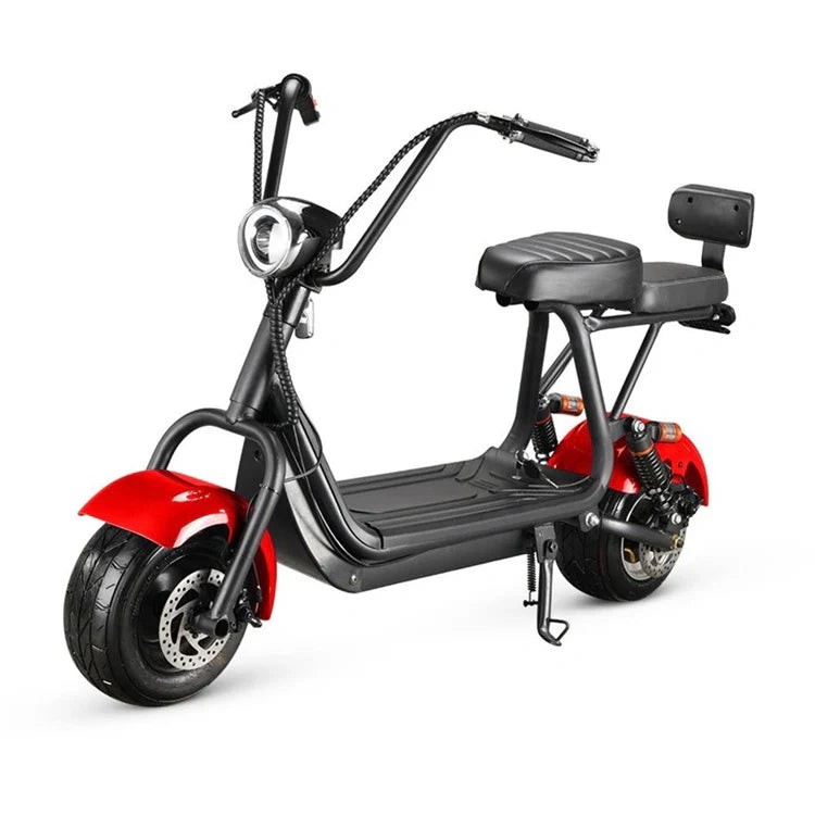 Black electric scooter with red accents on a white background
