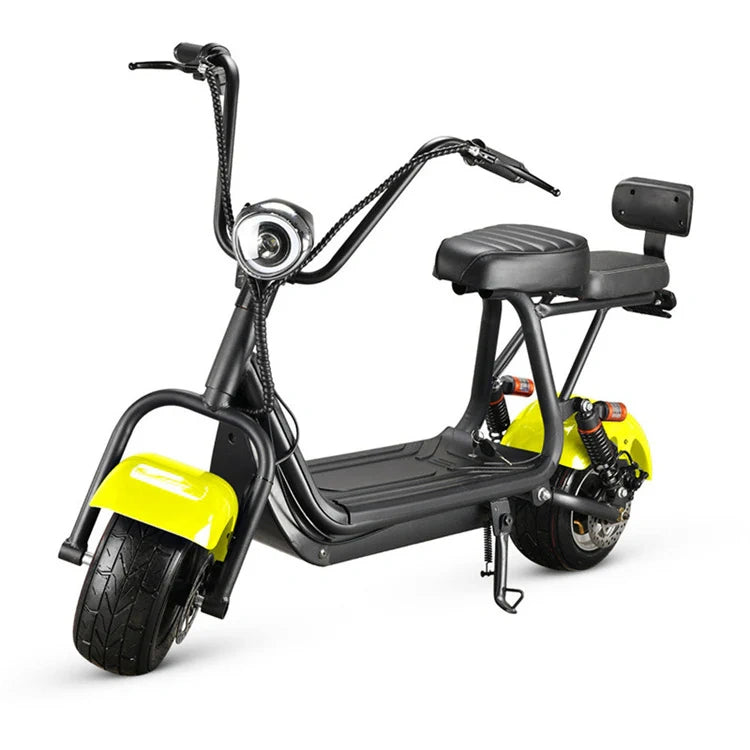 Black electric scooter with yellow accents on a white background