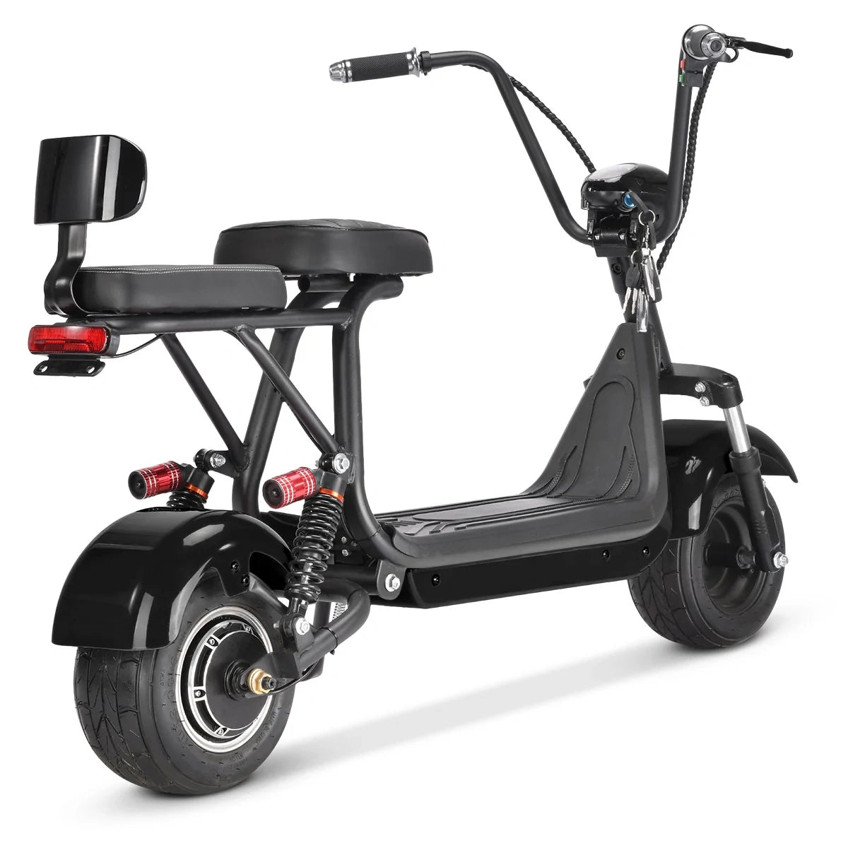 Black electric scooter with a seat on a white background