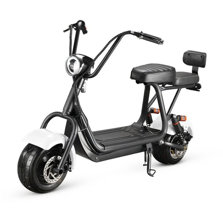 Black electric scooter with a seat on a white background