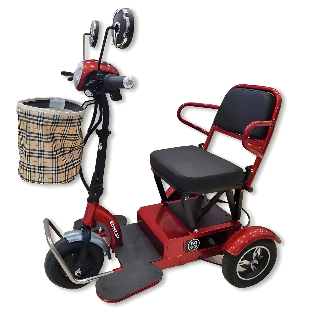 Red mobility scooter with a black seat and plaid cup holder on a white background