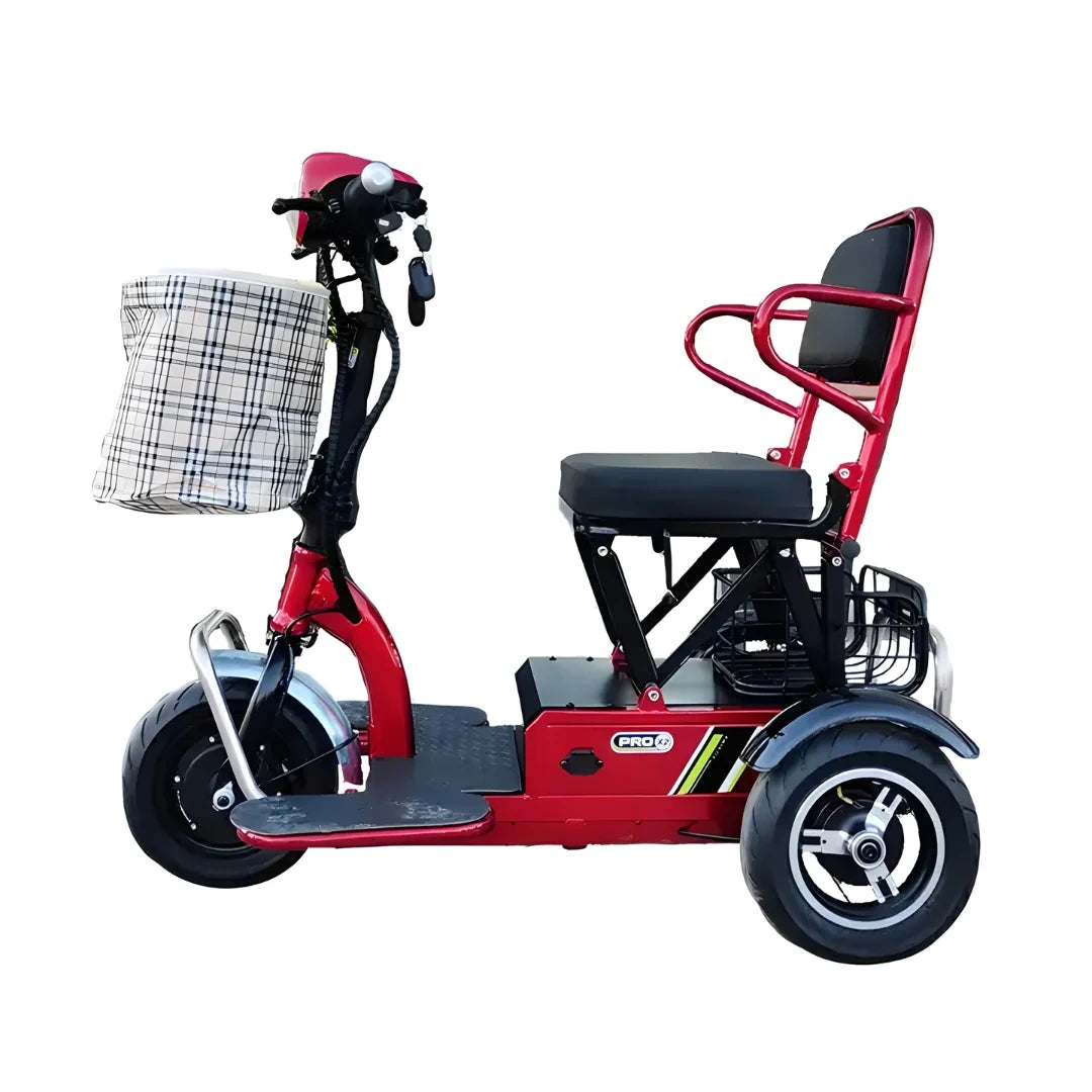 Red electric scooter with a basket and seat on a white background