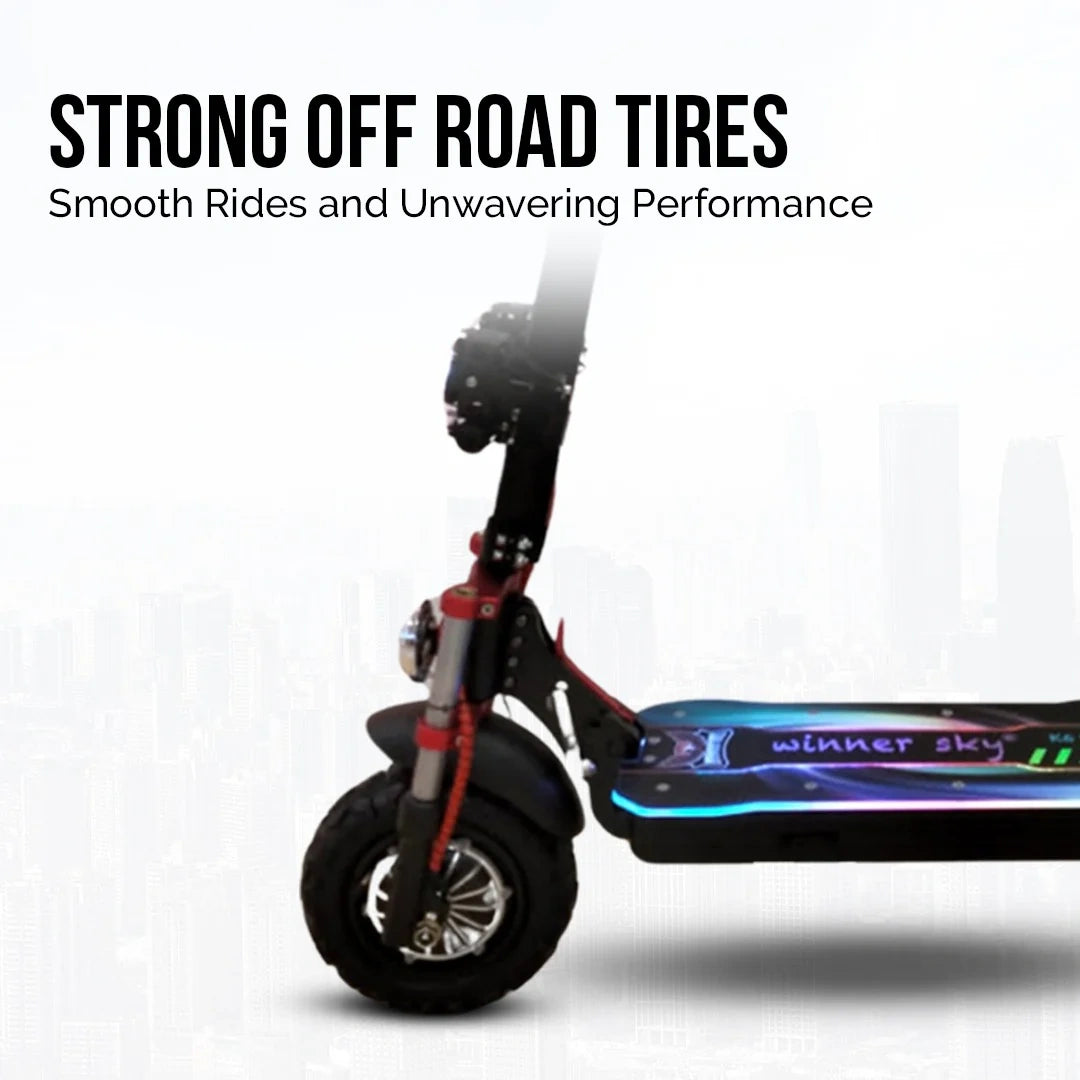 Electric scooter with 'Winner Sky' branding on a white background, highlighting off-road tires.
