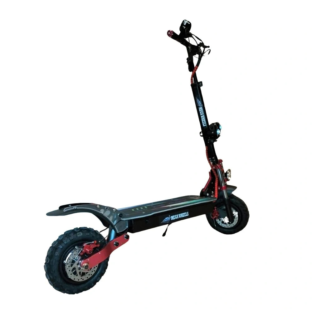 Black electric scooter with red accents on a white background