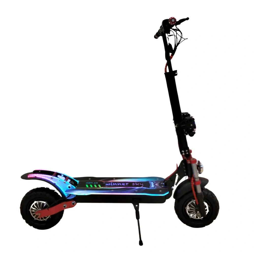 Black electric scooter with colorful deck on a white background