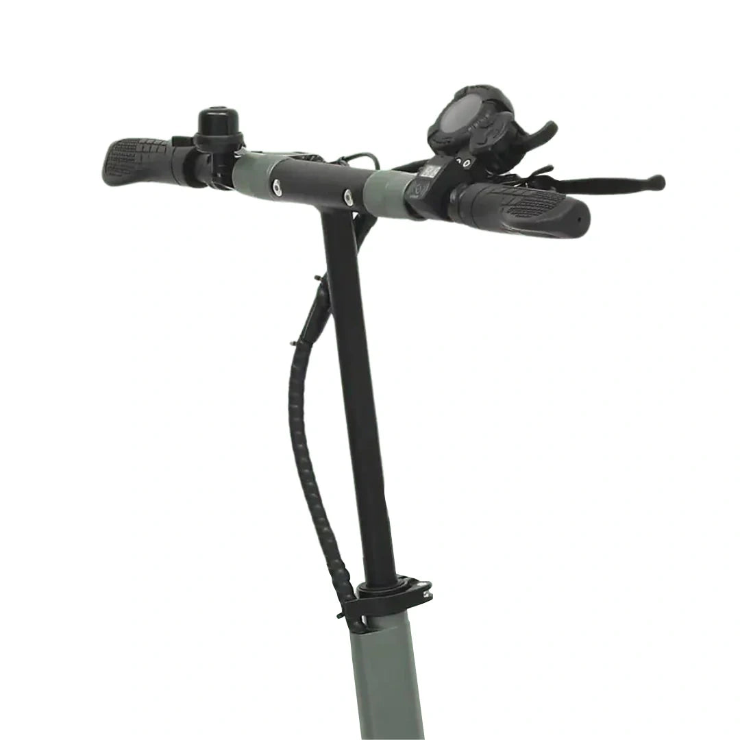 Bicycle handlebar with black grips and green accents on a white background