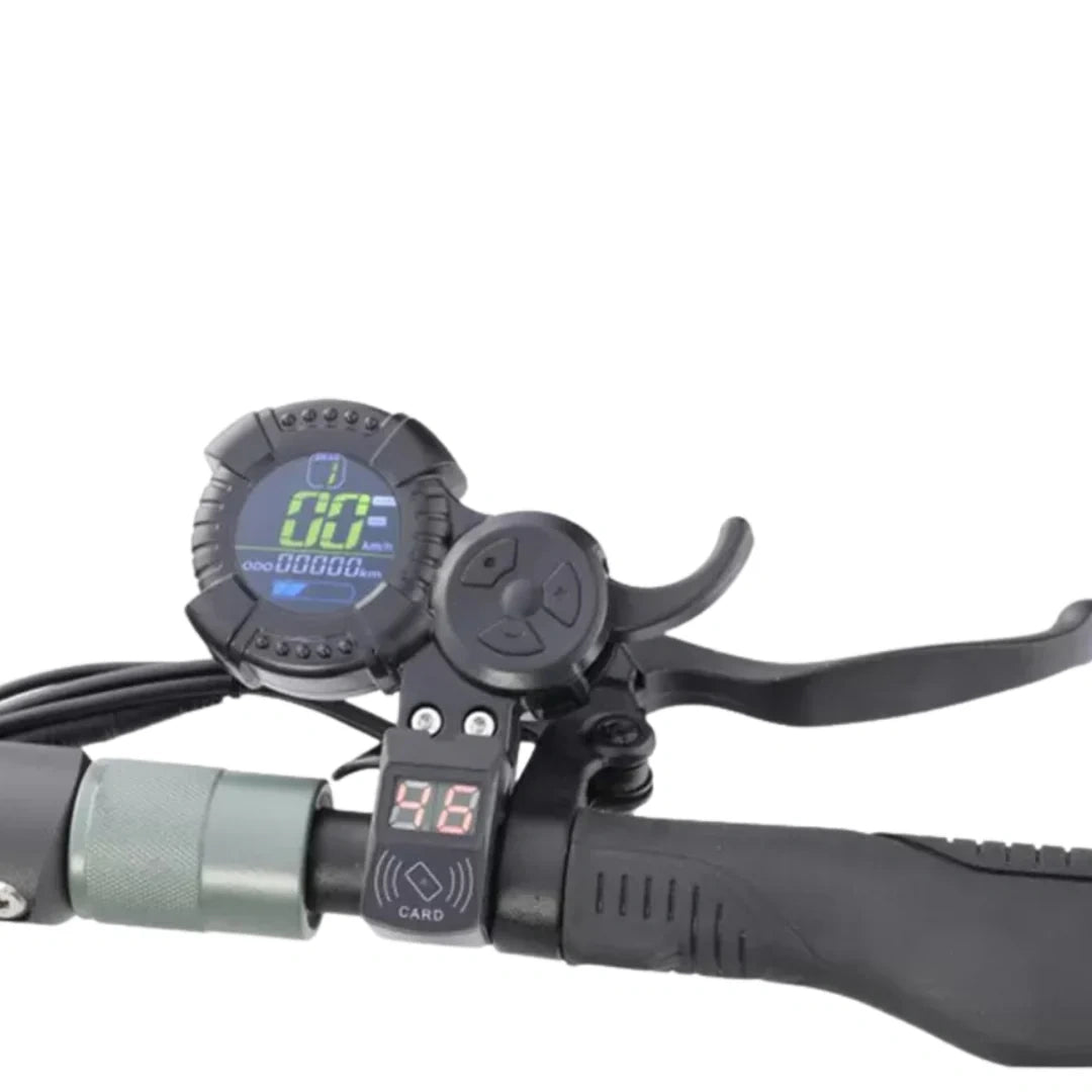 Close-up of a handlebar with electronic control panel on a white background