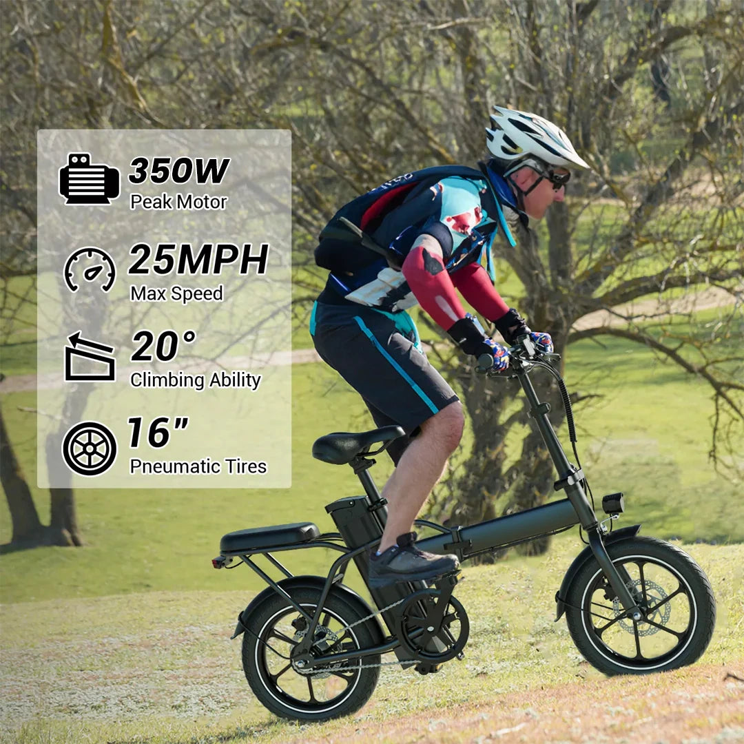 Person riding an electric bike in a park with specifications displayed.