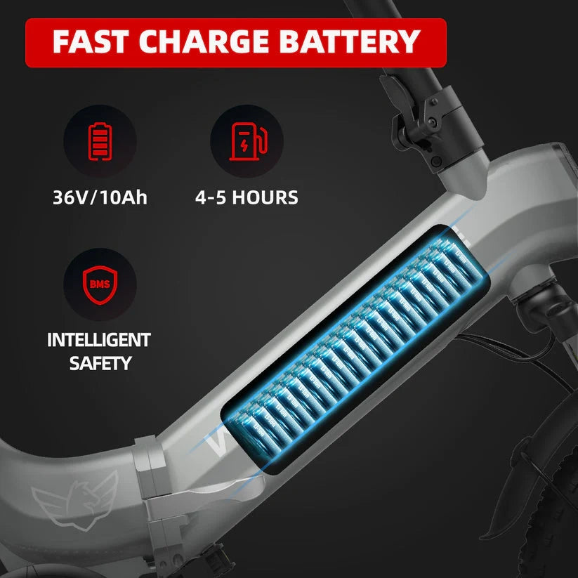 Electric bike with battery details on a dark background