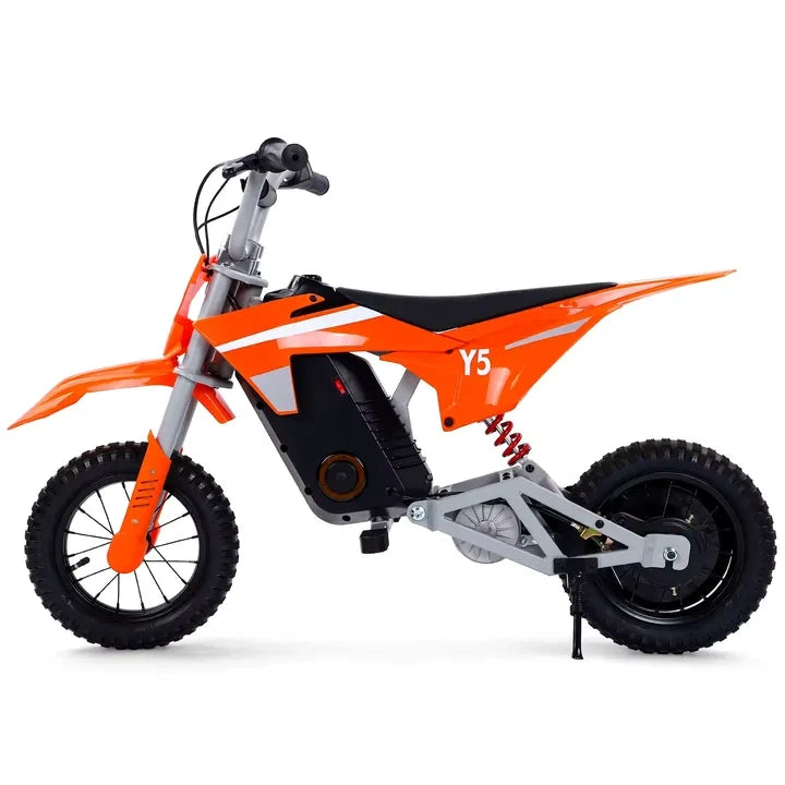 Orange and black children's dirt bike on a white background