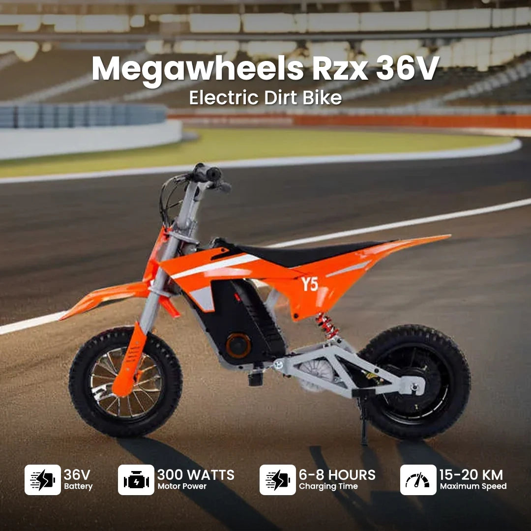 Orange electric dirt bike with specifications on a racetrack background