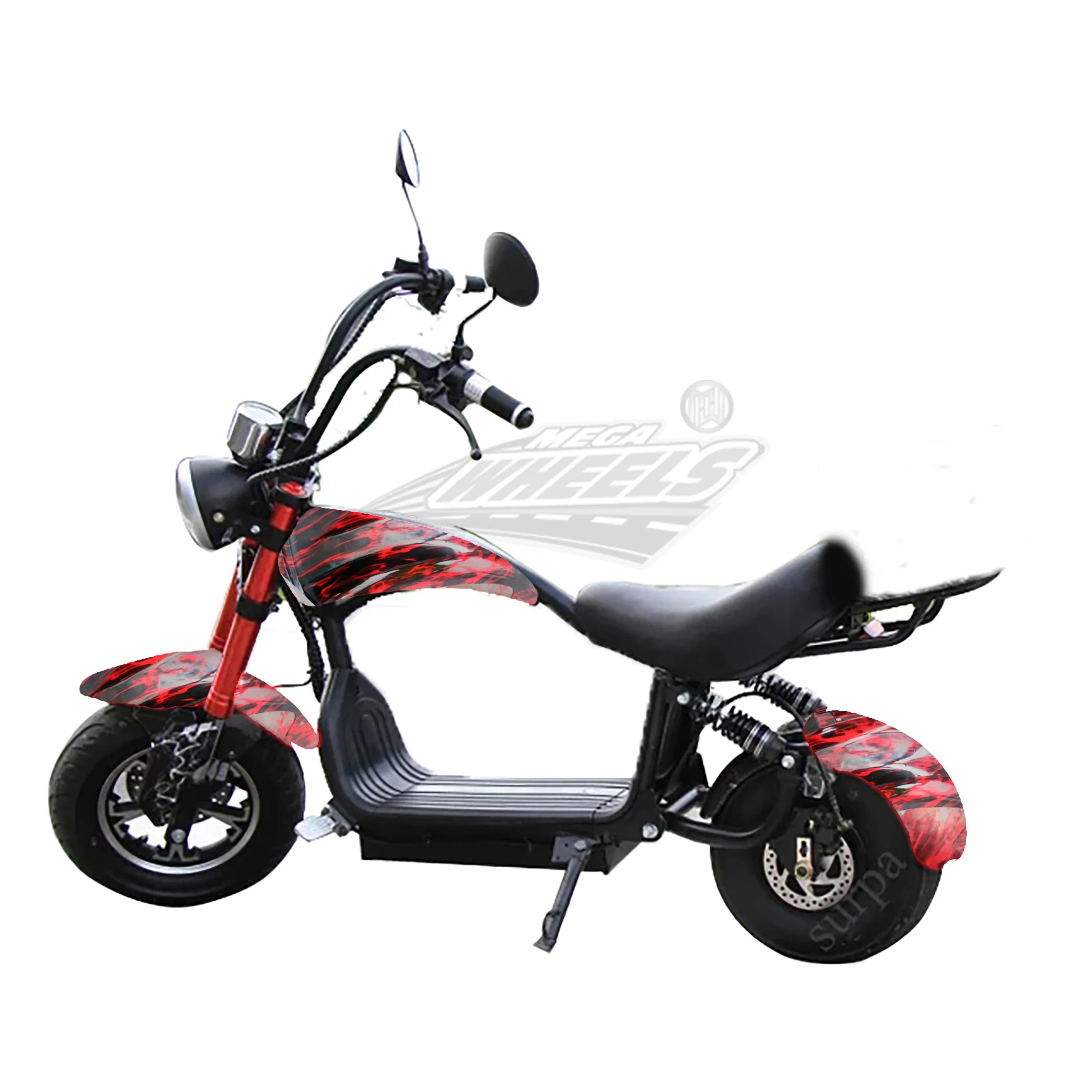 Small electric bike with red and black flame design on a white background