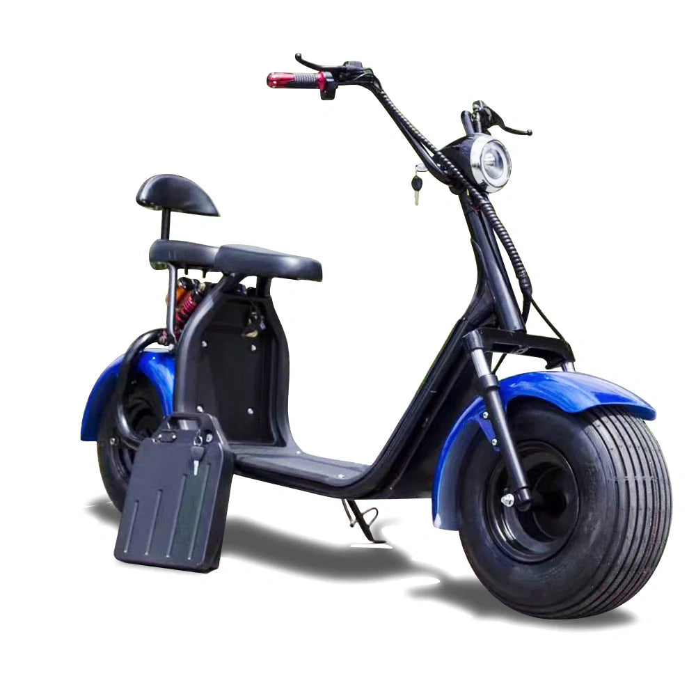 Blue and black electric scooter on a white background