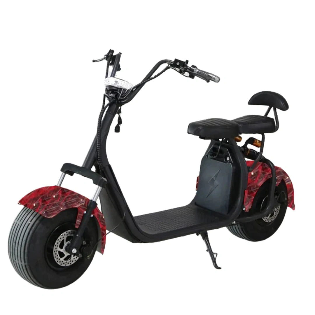Black electric scooter with red accents on a white background