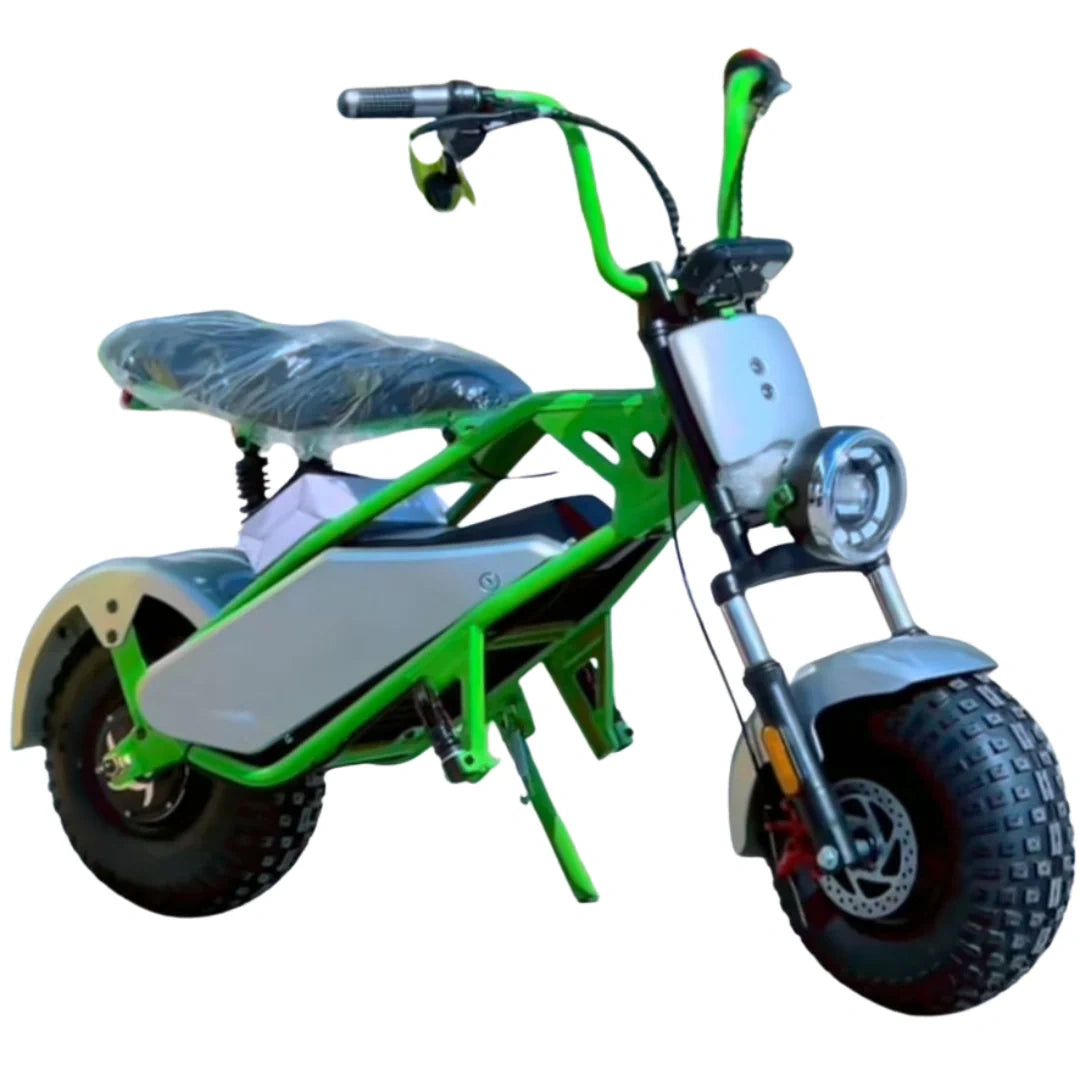 Green and gray electric scooter on a white background