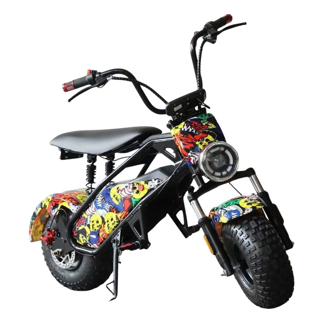 Small electric bike with colorful design on a white background