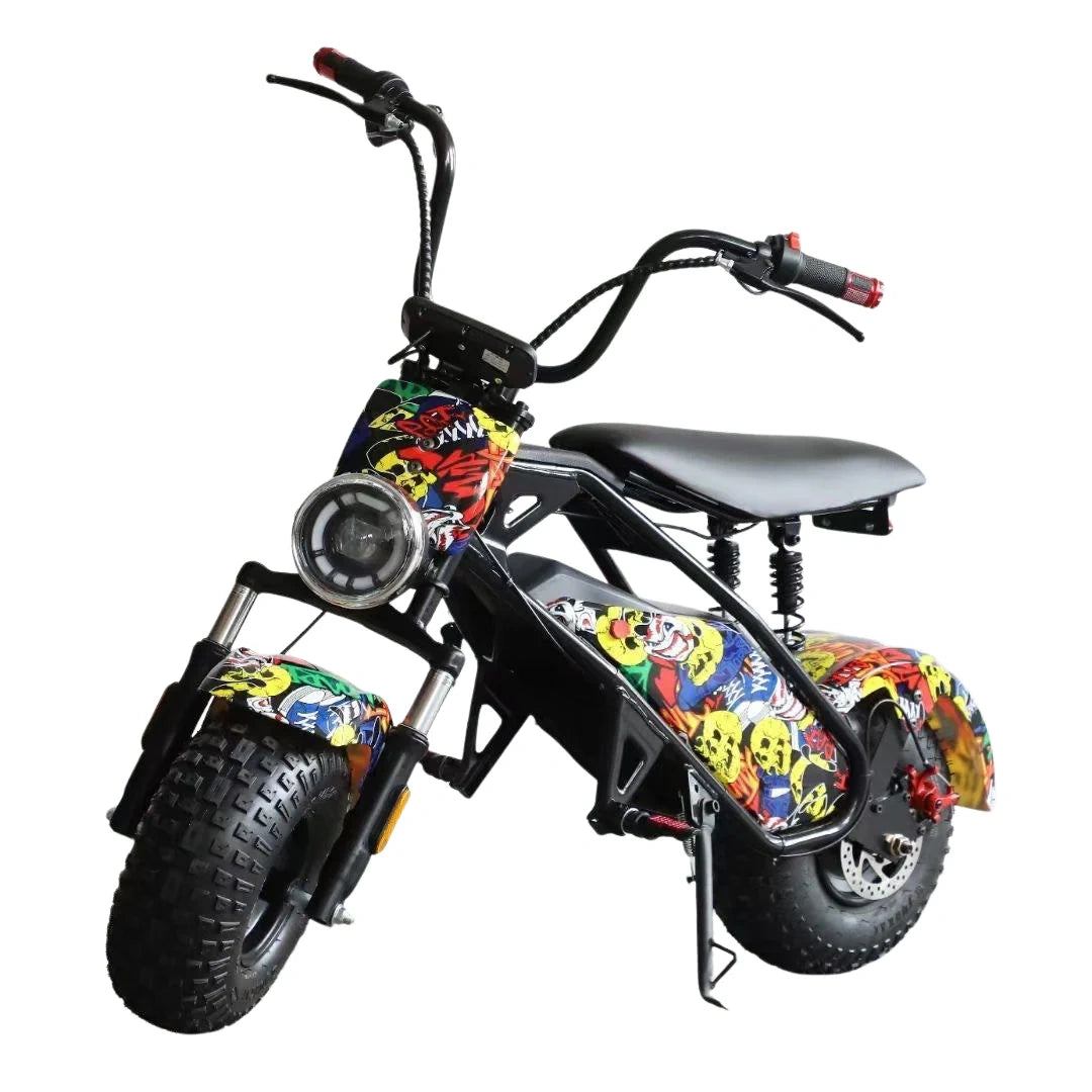 Colorful electric bike with cartoon character design on a white background