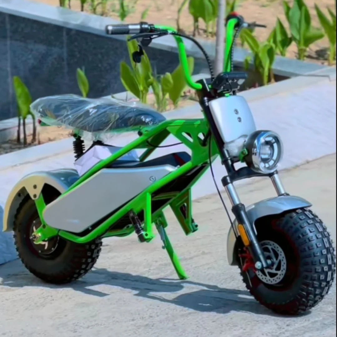 Green and silver electric scooter on a concrete surface with plants in the background
