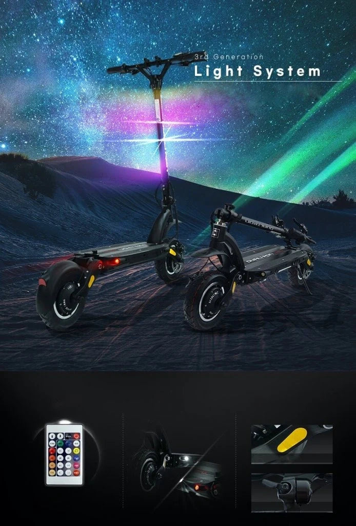 Two electric scooters with a light system on a mountainous landscape background.