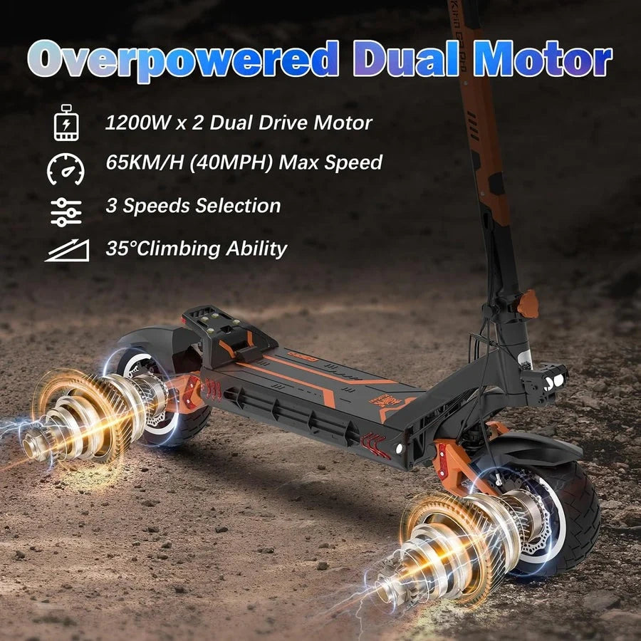 Dual motor scooter with specifications on a dark background